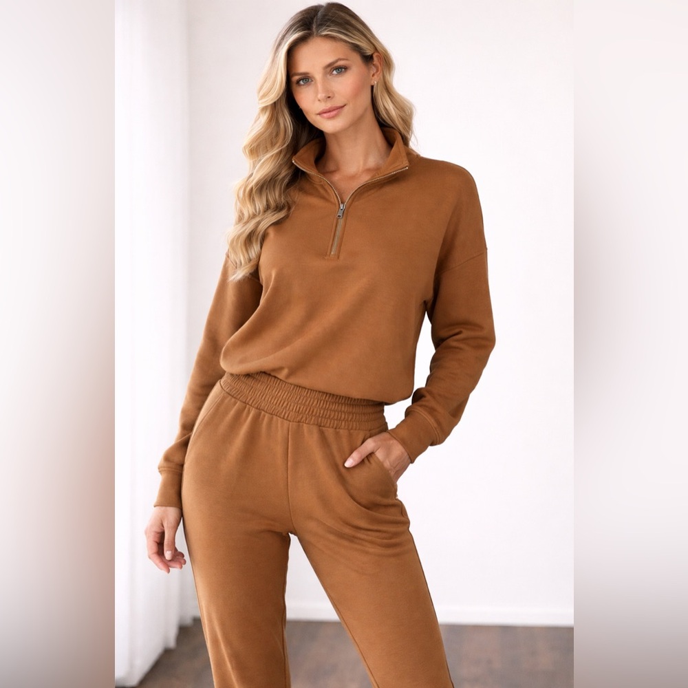 Zenana Brown Half Zip Pullover & Jogger Set Small